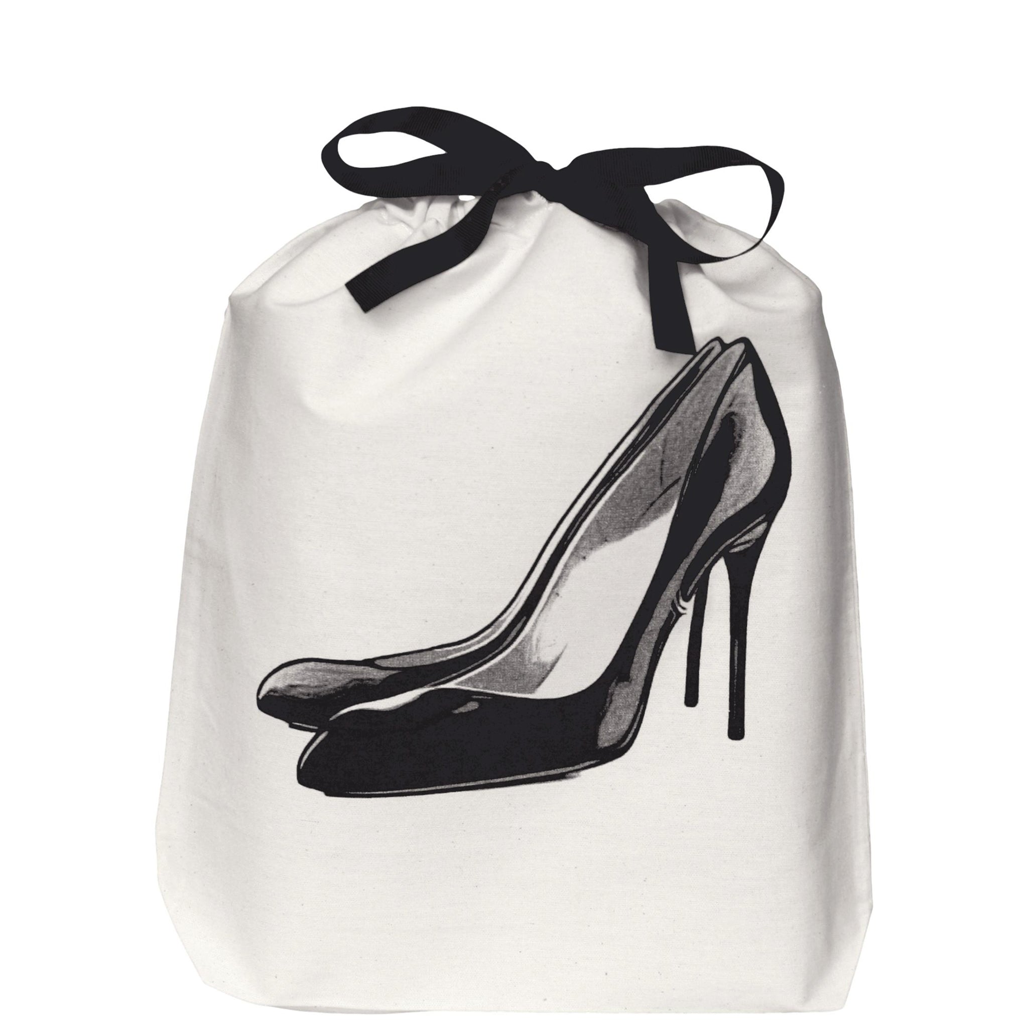 Bag-all Black Pumps Shoe Bag in cream cotton canvas featuring elegant black stiletto print, black ribbon drawstring closure, perfect for protecting designer heels