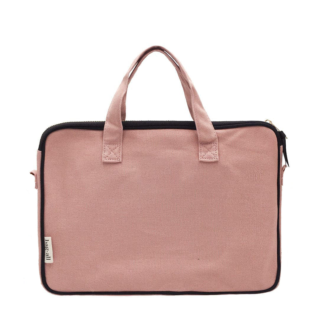 Bag-all Laptop Case 13" in blush pink cotton with handles, charger pocket and protective padding. Stylish carry sleeve for business and student use.