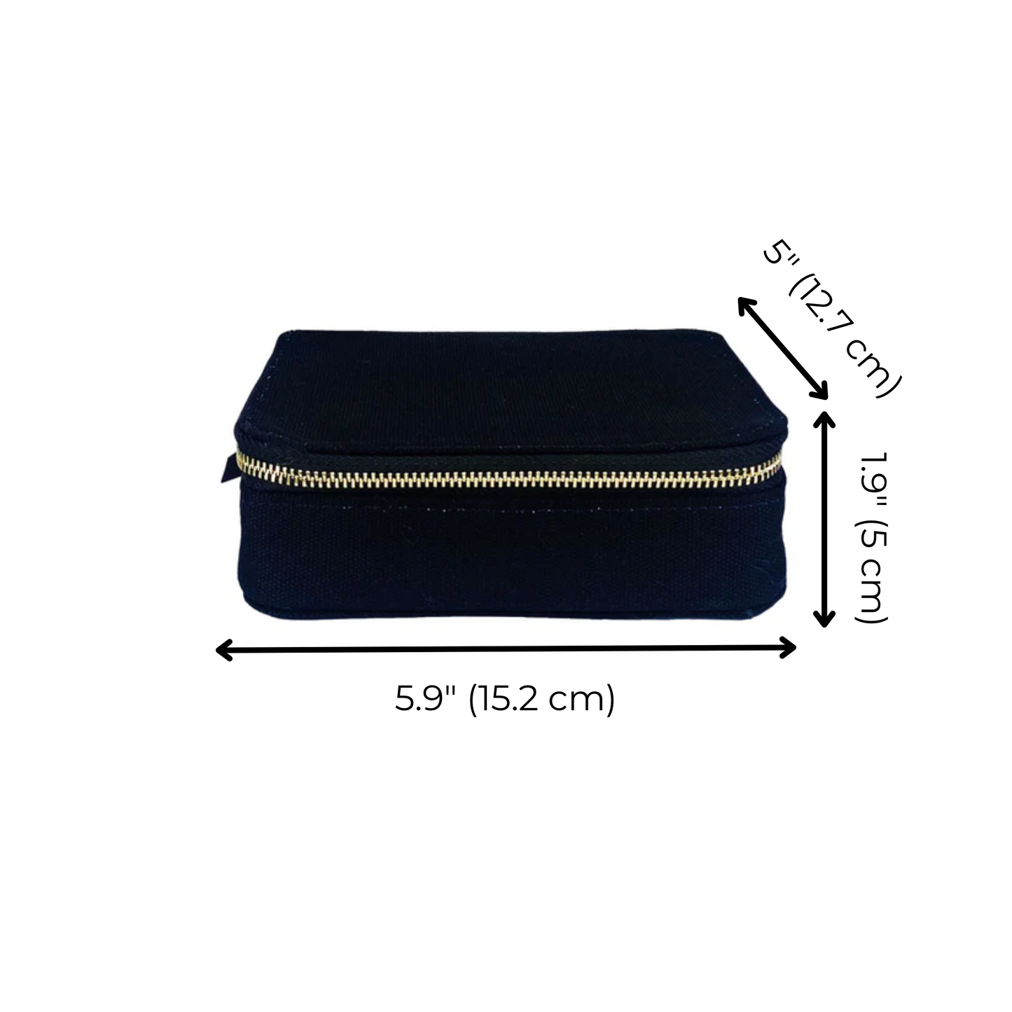 Bag-all Black Cosmetics/Trinket Box with gold zipper closure, perfect for organizing makeup and accessories. Compact size 5.9x1.9x5 inches, travel-friendly design with striped interior lining.