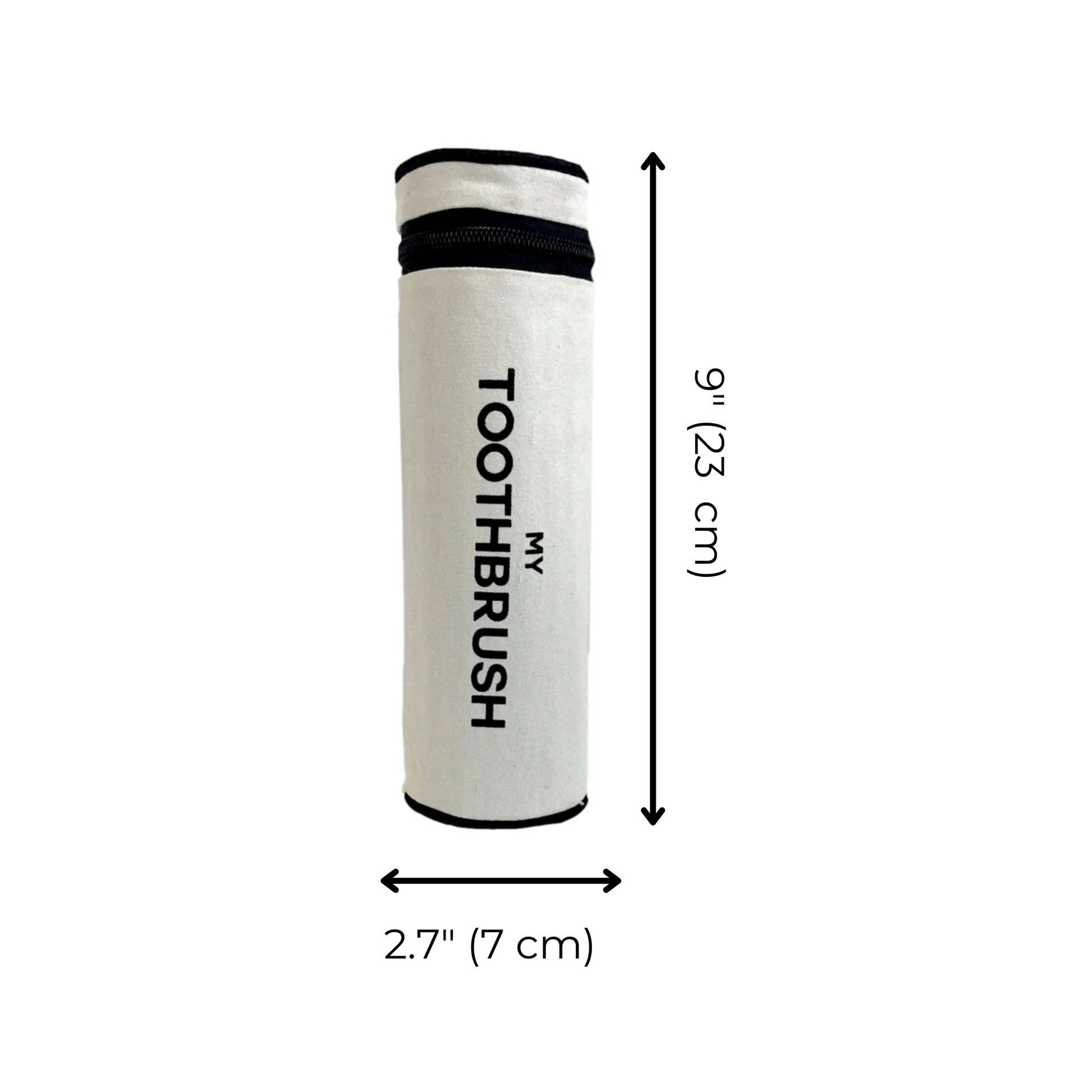 Bag-all Cream Toothbrush Travel Case - cylindrical storage holder with black text and zipper, measures 9 inches tall by 2.7 inches wide, perfect for organizing dental essentials