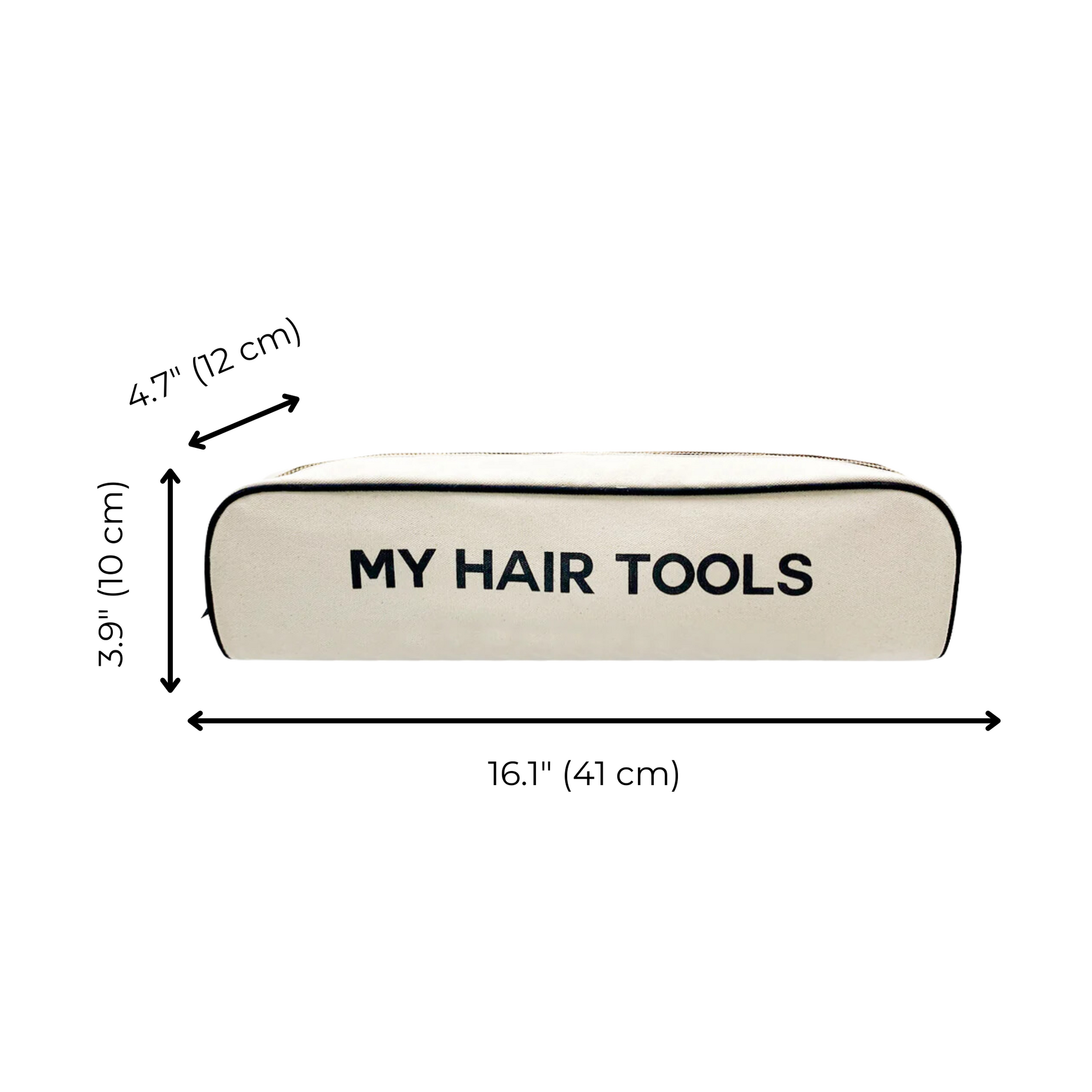 Bag-all Roomy Hair Tools Travel Case in cream with dimensions 16.1 x 3.9 x 4.7 inches, featuring black text MY HAIR TOOLS and protective trim