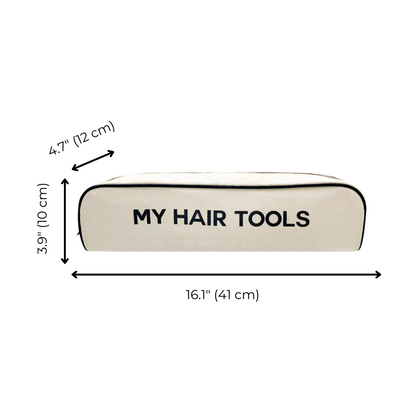 Bag-all Roomy Hair Tools Travel Case in cream with dimensions 16.1 x 3.9 x 4.7 inches, featuring black text MY HAIR TOOLS and protective trim