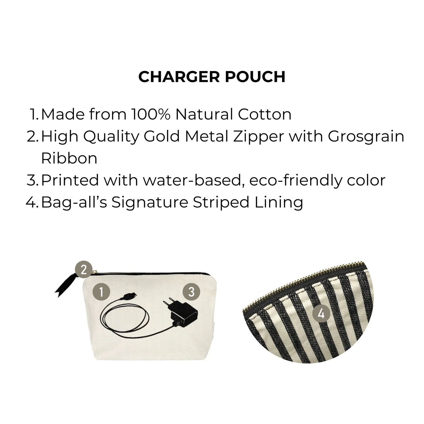 Bag-all Charger Pouch in cream cotton with gold zipper, eco-friendly charger print and striped lining - organize cables and chargers in style