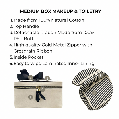 Bag-all Medium Box Makeup & Toiletry in cream cotton with gold zipper, striped lining, detachable ribbon and inside pocket. Eco-friendly travel organizer