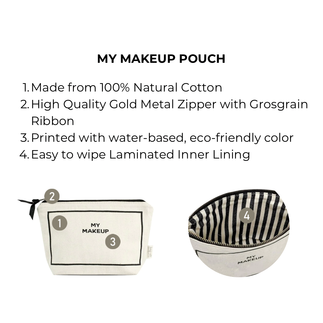 Bag-all My Makeup Pouch in cream cotton with waterproof lining, gold zipper, and striped interior. Natural fabric makeup case with eco-friendly print, perfect for daily essentials storage.