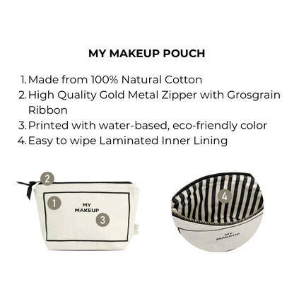 Bag-all My Makeup Pouch in cream cotton with waterproof lining, gold zipper, and striped interior. Natural fabric makeup case with eco-friendly print, perfect for daily essentials storage.