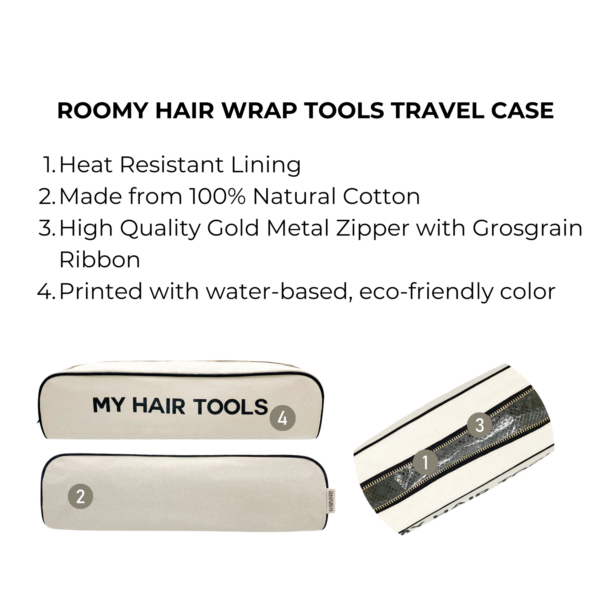 Bag-all Roomy Hair Wrap Tools Travel Case in cream features heat-resistant lining, 100% natural cotton construction, gold metal zipper, and eco-friendly design perfect for storing hair styling tools