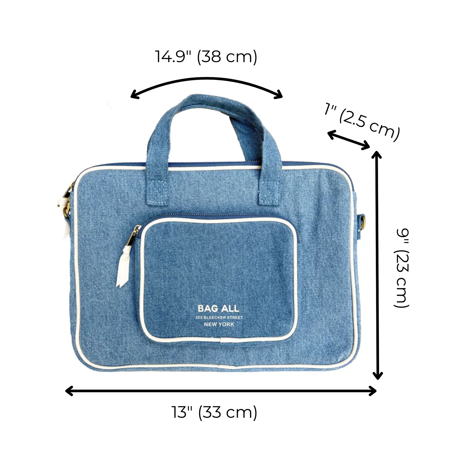 Bag-all Denim Laptop Case 13" with convenient handle and charger pocket, featuring striped interior lining, gold-plated zippers, and protective padding for 11-13" devices