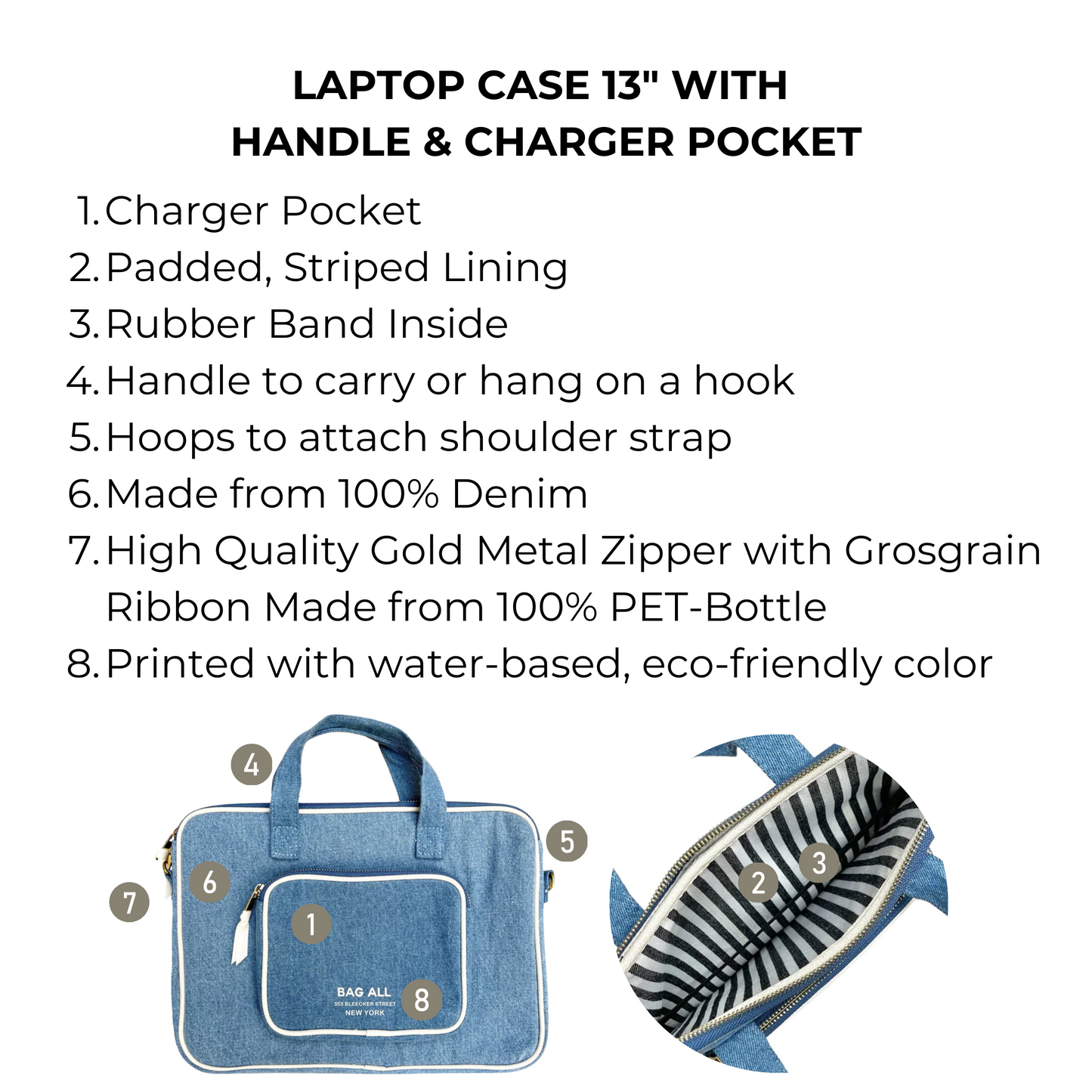 Bag-all Denim Laptop Case 13" featuring padded striped interior, charger pocket, handle, and gold zipper. Sustainable laptop sleeve with convenient storage and protective design.