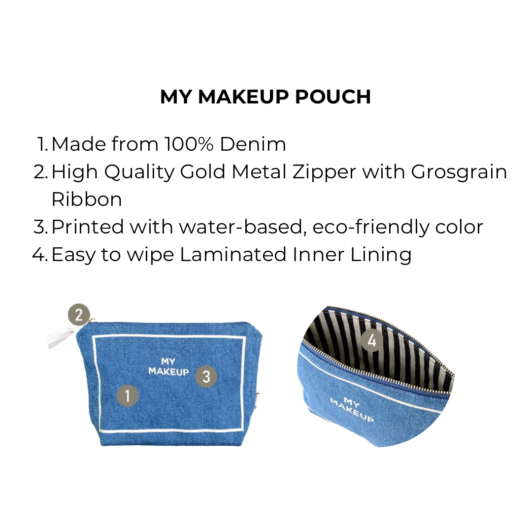 Bag-all My Makeup Pouch in denim with waterproof striped lining, gold zipper detail and eco-friendly print - perfect for organizing daily beauty essentials