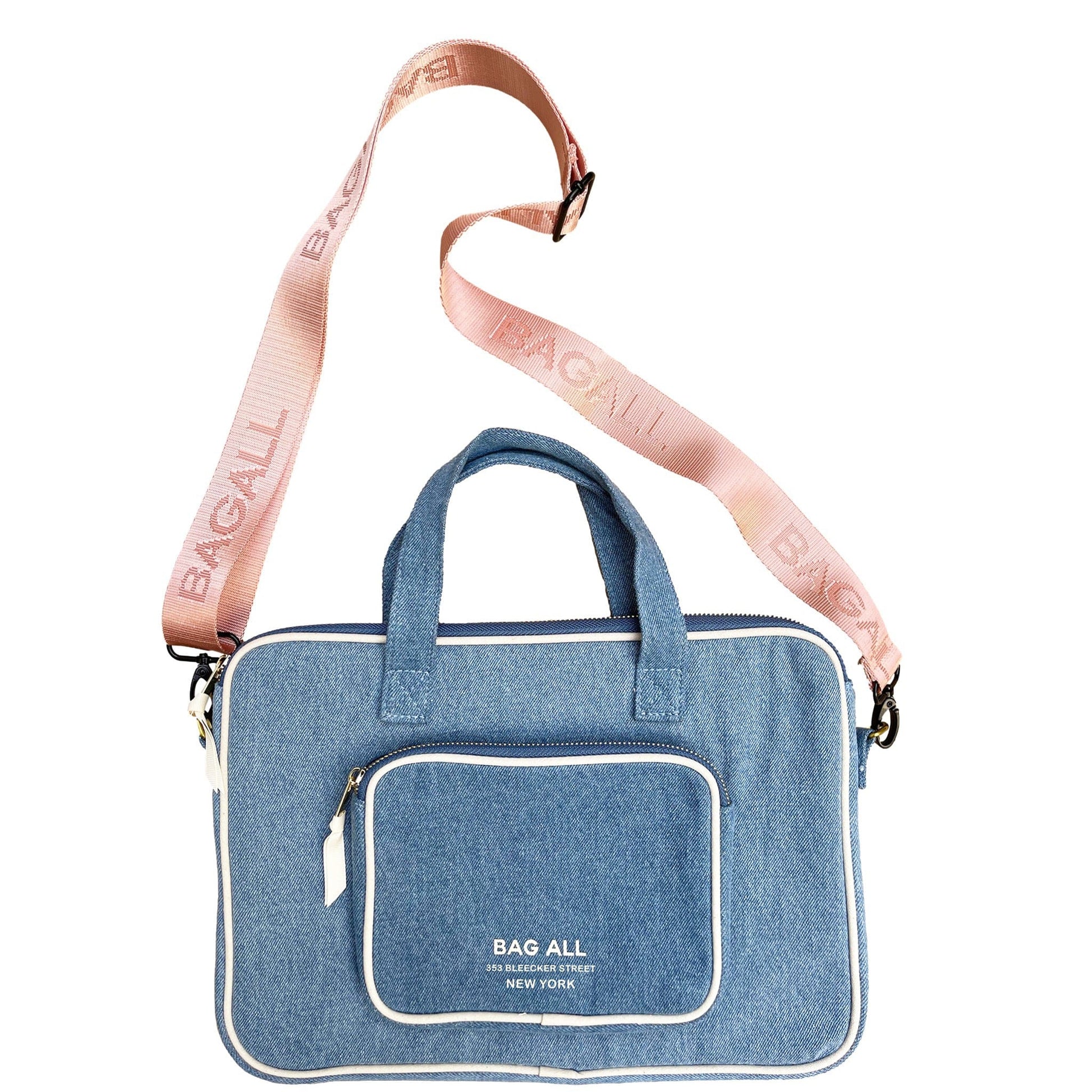 Bag-all Denim Laptop Case 13" with padded interior, convenient charger pocket, dual handles and adjustable pink strap. Features gold-plated zippers and signature striped lining.