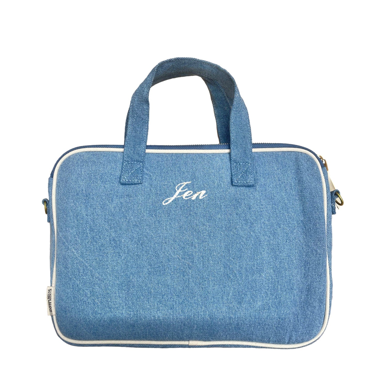 Bag-all Denim Laptop Case 13" with personalized 'Jen' monogram, featuring dual handles, charger pocket, and white piping trim, perfect for modern organization