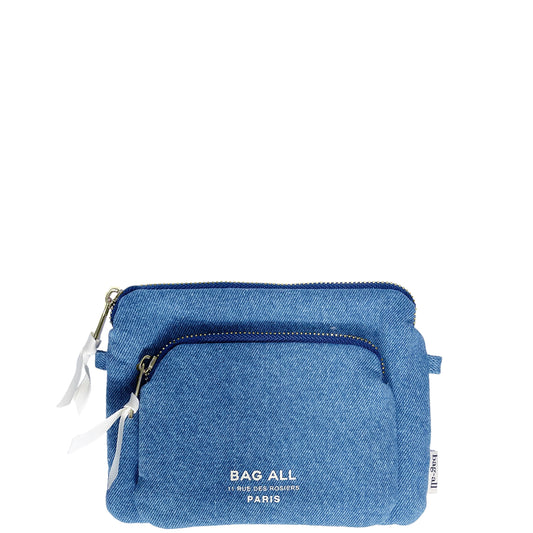 Bag-all Padded Trinket Pouch Double Pocket in classic denim with dual zippered compartments, white pull tabs, and embroidered logo detail. Perfect for organizing small essentials.