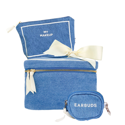 Bag-all Trendy Denim Travel Gift Set featuring makeup cosmetic box, makeup pouch, and earbuds case with cream ribbon accents and stylish zippered compartments