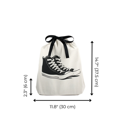 Bag-all Cream Sneakers Shoe Bag featuring black sneaker print, black ribbon tie closure, eco-friendly cotton storage solution for footwear protection and organization