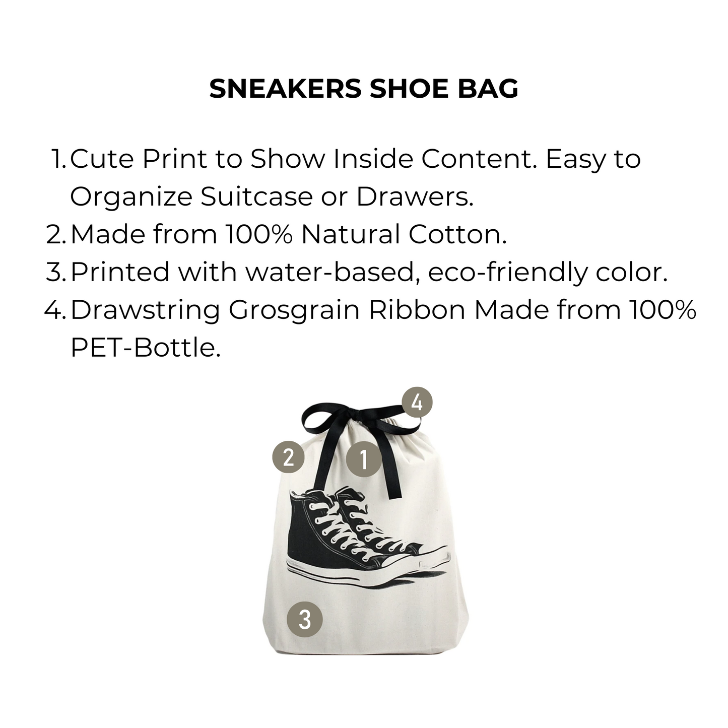 Bag-all Cream Sneakers Shoe Bag with black sneaker print, made from natural cotton, featuring eco-friendly design and recycled PET drawstring for sustainable storage and travel organization