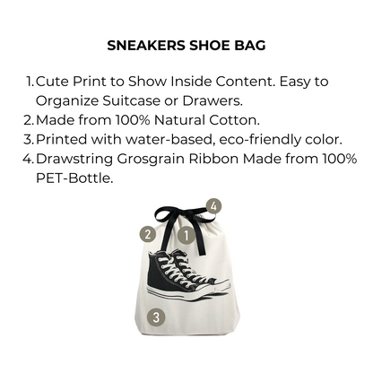 Bag-all Cream Sneakers Shoe Bag with black sneaker print, made from natural cotton, featuring eco-friendly design and recycled PET drawstring for sustainable storage and travel organization