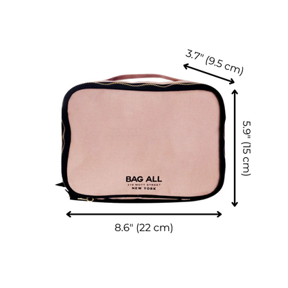 Bag-all Double Sided Multi Use Case in Pink/Blush, featuring dimensions 8.6x5.9x3.7 inches, with dual compartments and elastic organizers for versatile storage and organization