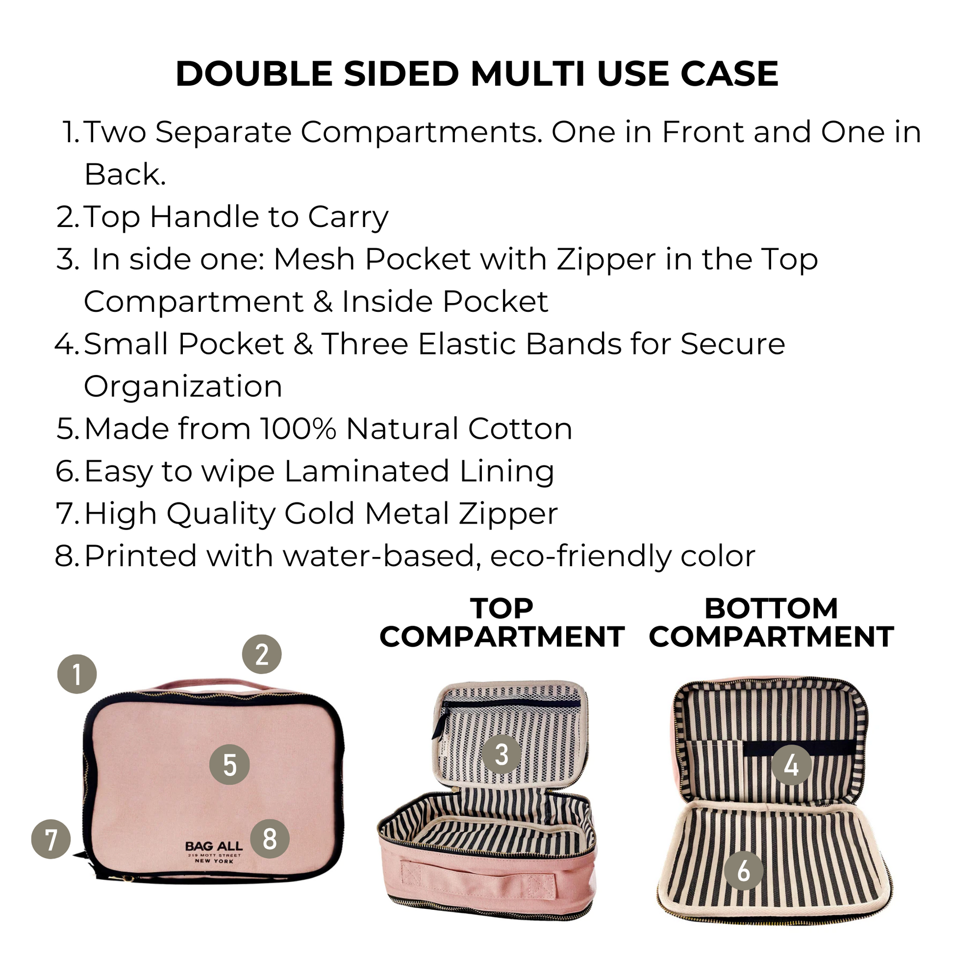 Bag-all Double Sided Multi Use Case in Pink/Blush: Cotton organizer with two compartments, mesh pocket, elastic bands, gold zipper, and striped interior for makeup, crafts, or stationery storage