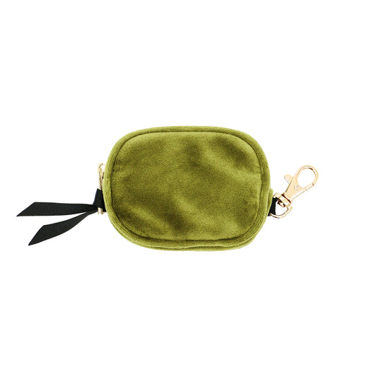 Bag-all Green Velvet Earbuds Case with gold zipper and clasp, featuring eco-friendly velvet material and black ribbon detail for stylish AirPods storage and protection