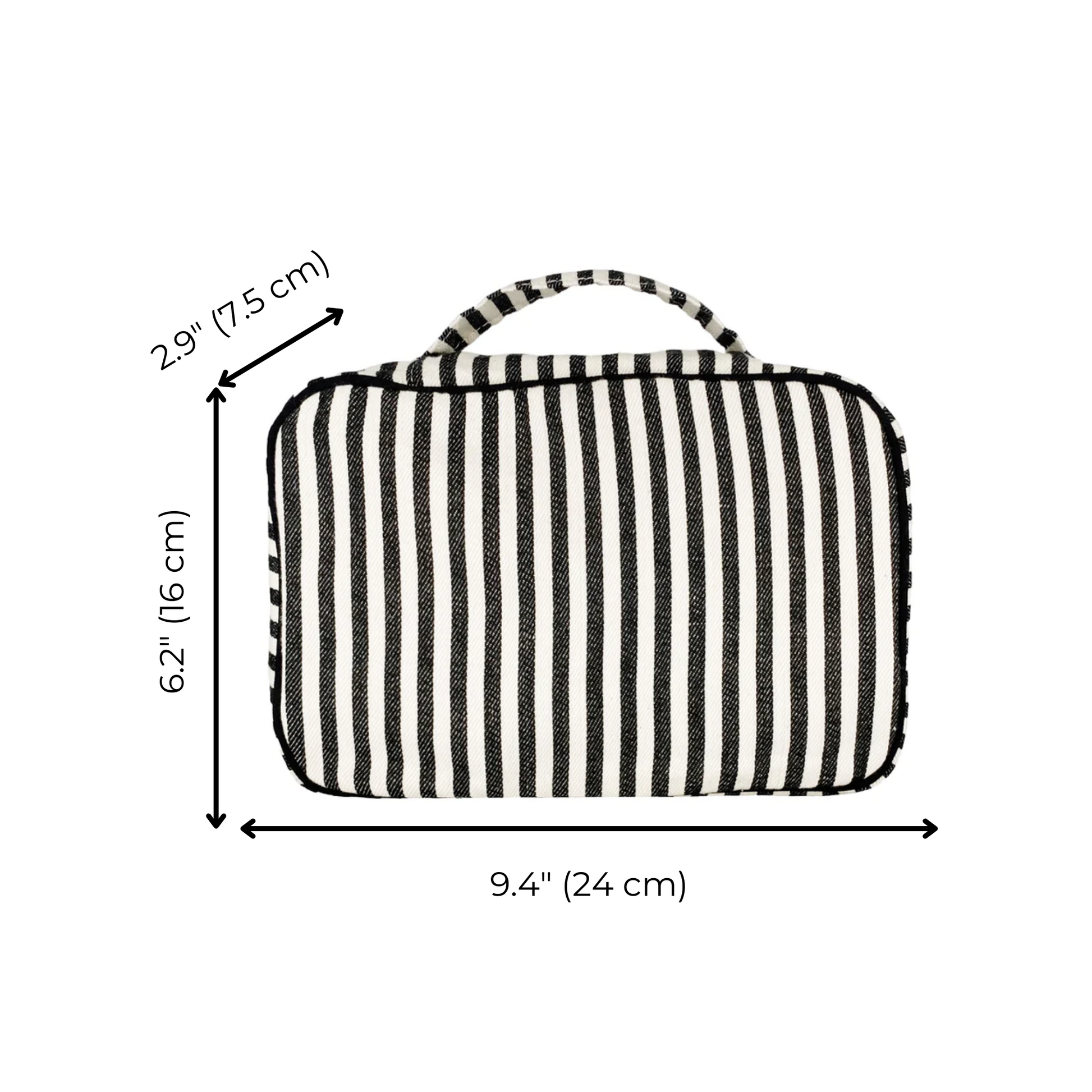 Bag-all Striped Folding/Hanging Toiletry Case dimensions shown with black and white vertical stripes and handle, measuring 9.4x6.2x2.9 inches (24x16x7.5 cm)