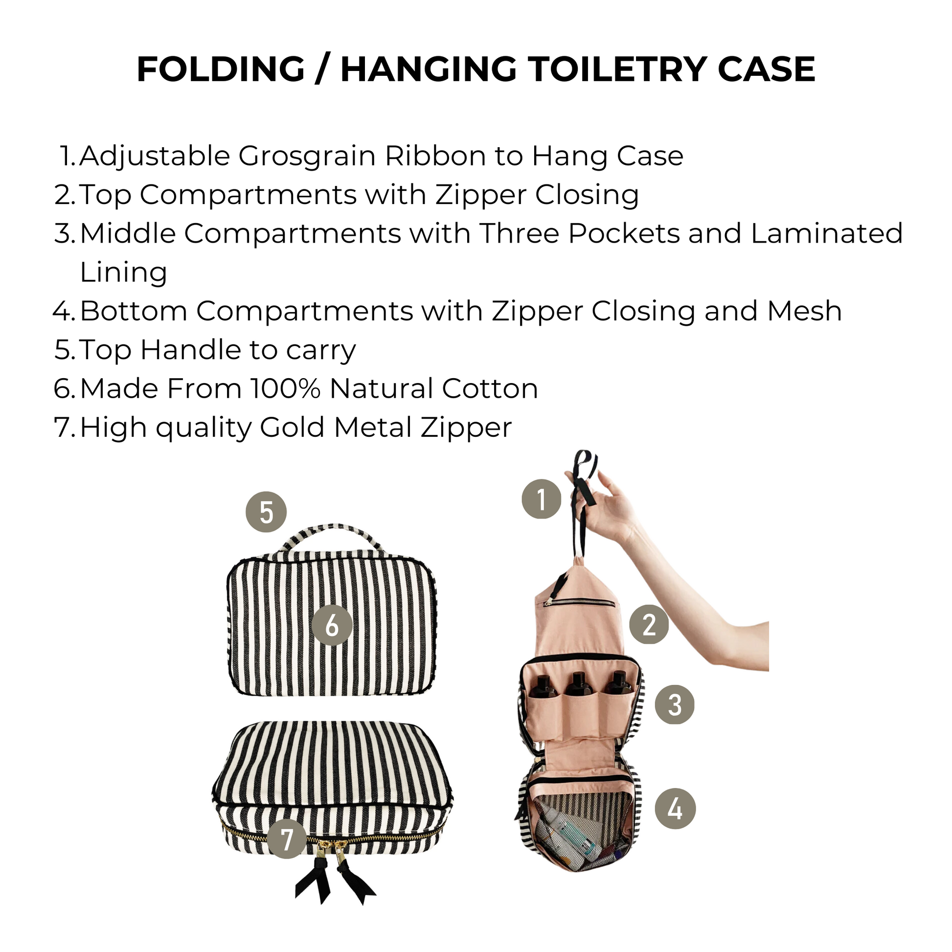 Bag-all Folding/Hanging Toiletry Case in striped cotton featuring three compartments, mesh pocket, and adjustable hanging ribbon. Foldable design with gold metal zippers for travel organization.