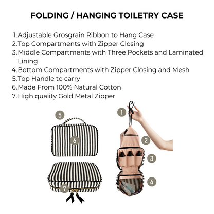 Bag-all Folding/Hanging Toiletry Case in striped cotton featuring three compartments, mesh pocket, and adjustable hanging ribbon. Foldable design with gold metal zippers for travel organization.