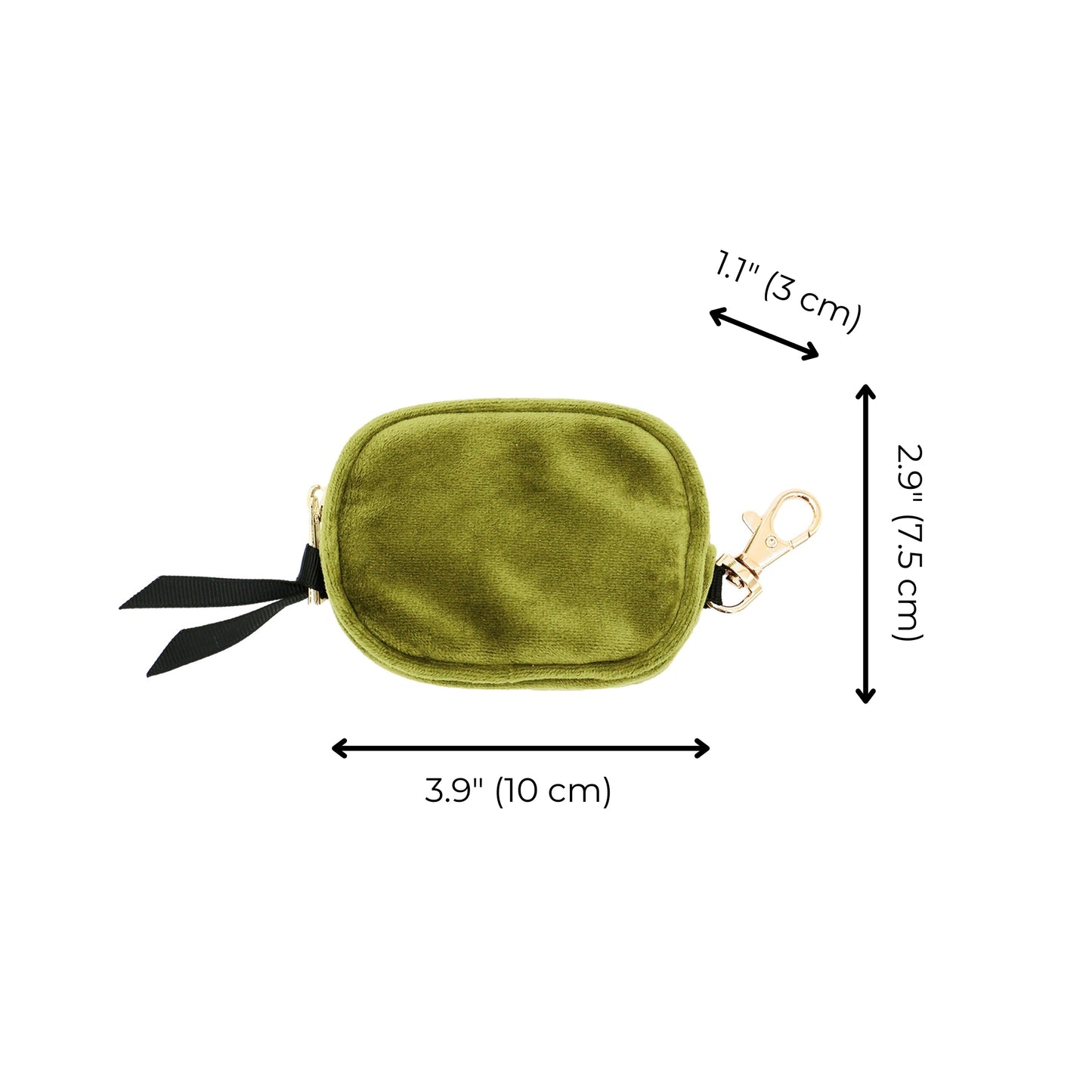 Bag-all Green Velvet Earbuds Case with Gold Zipper and Clasp - Compact 10x7.5cm Eco-friendly Storage Pouch for AirPods and Earphones, featuring Black Ribbon Detail