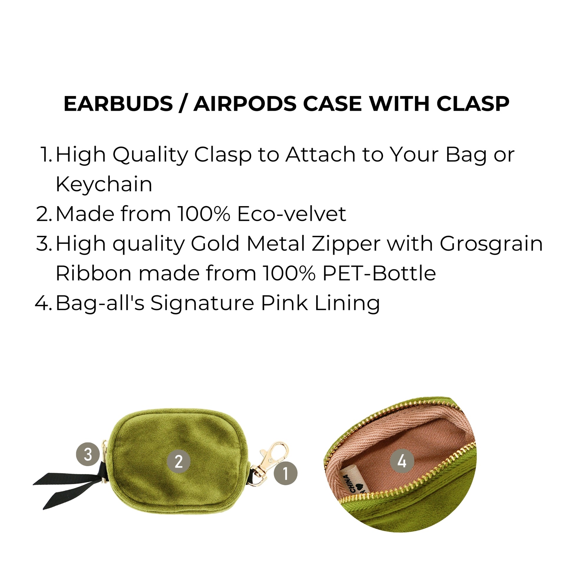 Bag-all Green Velvet Earbuds Case with gold clasp and zipper, featuring eco-friendly materials, pink lining, and PET-bottle ribbon. Perfect for protecting and organizing AirPods or earbuds.