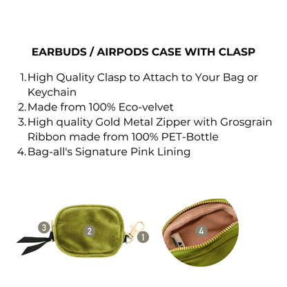 Bag-all Green Velvet Earbuds Case with gold clasp and zipper, featuring eco-friendly materials, pink lining, and PET-bottle ribbon. Perfect for protecting and organizing AirPods or earbuds.