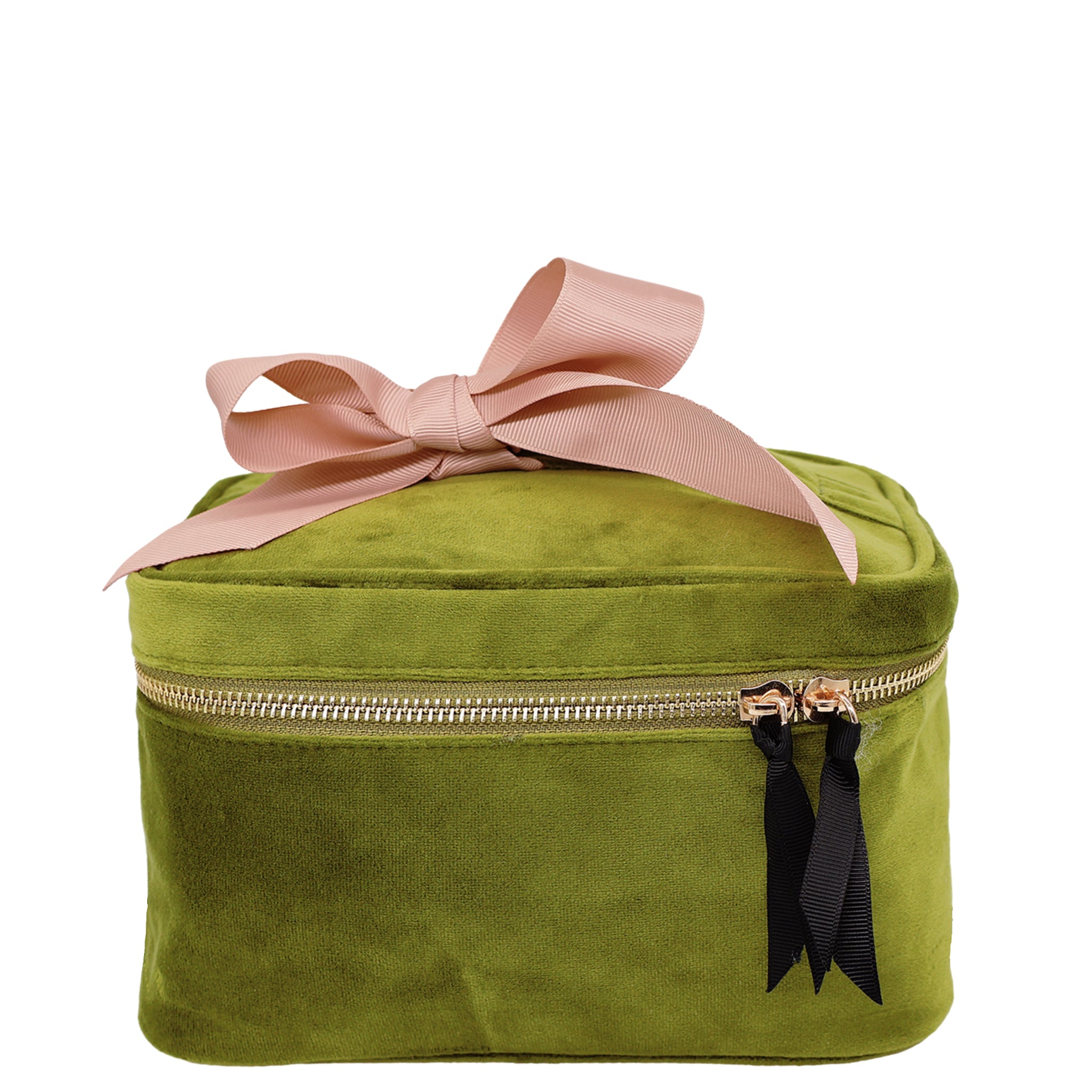 Green velvet My Makeup Cosmetic Box with ribbon detail, stylish and spacious storage for beauty essentials