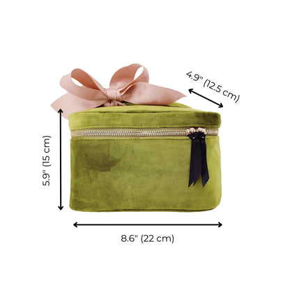 Bag-all My Makeup Cosmetic Box in green velvet with pink bow, waterproof interior, square design measuring 8.6 x 5.9 x 4.9 inches, featuring gold zipper detail and monogram option