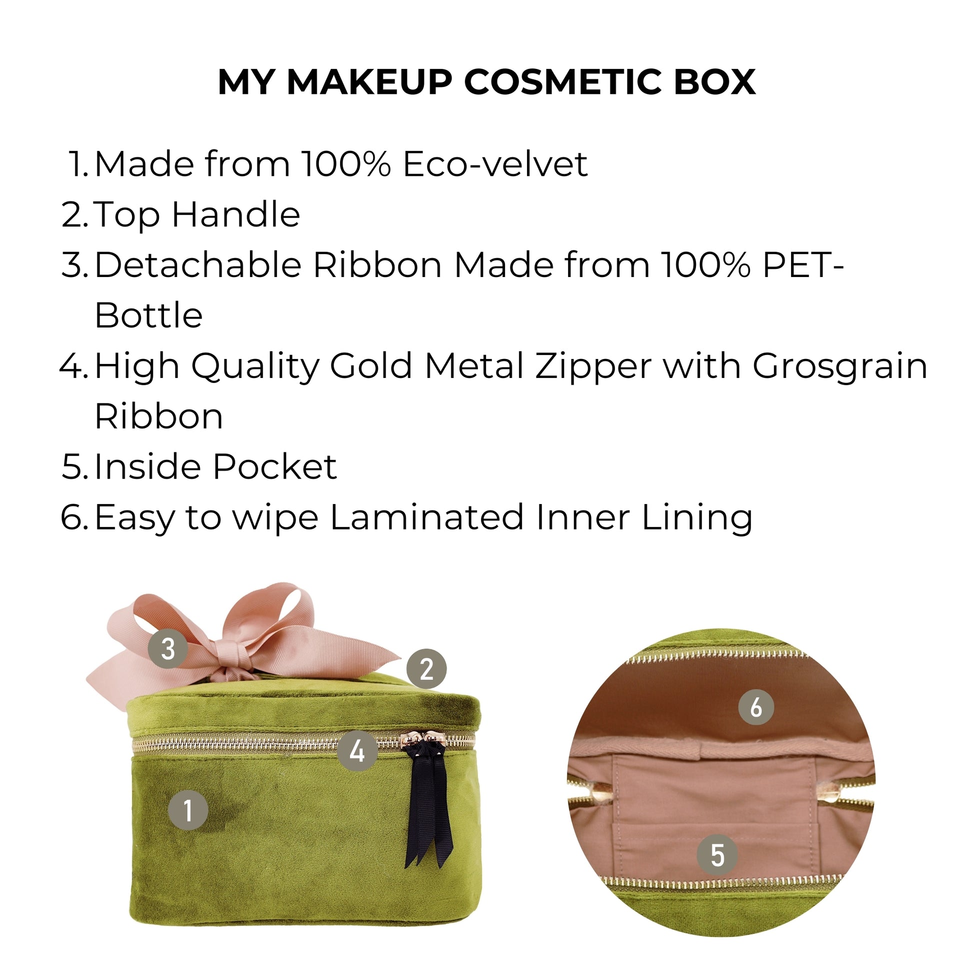 Bag-all My Makeup Cosmetic Box in luxurious green velvet with gold zipper, detachable ribbon, top handle and waterproof interior lining for organized beauty storage