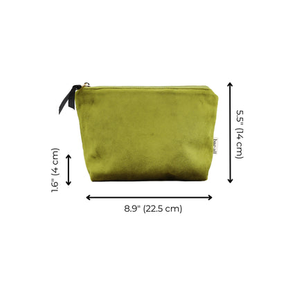 Bag-all My Makeup Pouch in luxurious green velvet with waterproof coated lining, perfect for organizing beauty essentials, measuring 8.9 x 5.5 x 1.6 inches