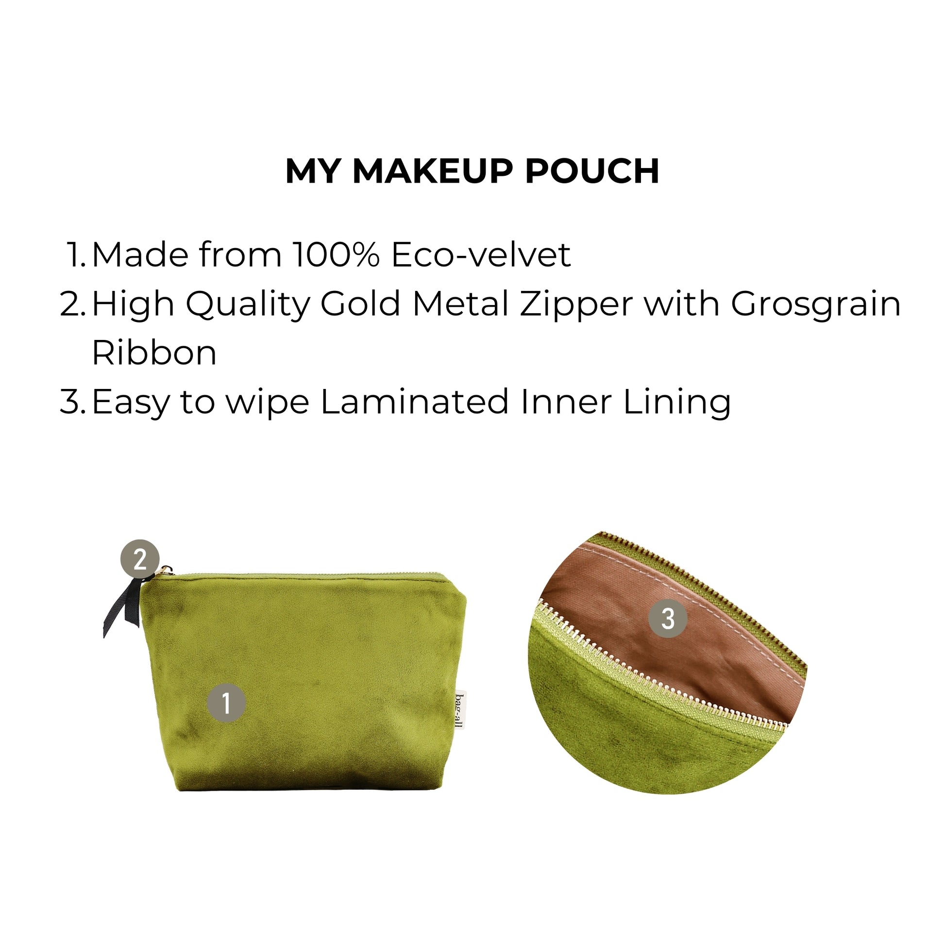 Bag-all My Makeup Pouch in eco-friendly green velvet with waterproof coated lining and gold zipper, featuring organized storage for beauty essentials