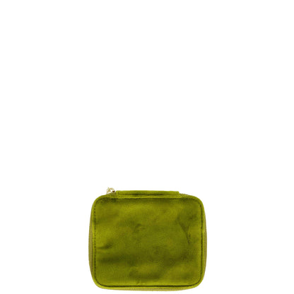 Bag-all Cute Jewelry Box in green recycled velvet with gold zipper, featuring monogrammable design and built-in organizers for rings, necklaces and earrings