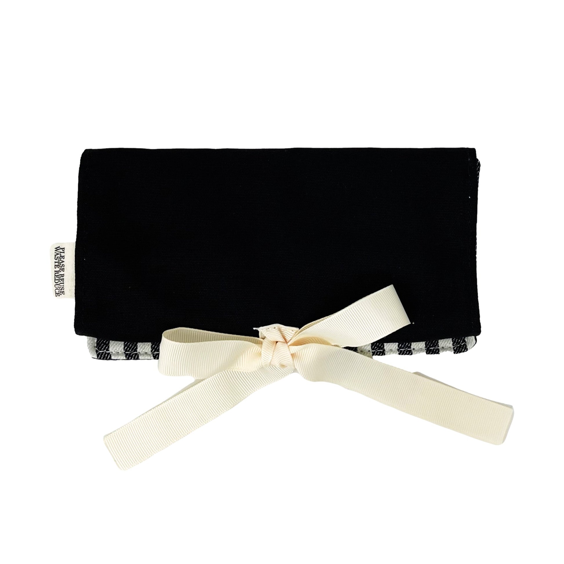 Bag-all Black Jewelry Organizer Travel Pouch with elegant cream bow, featuring three compartments and striped trim detail, perfect for organizing jewelry while traveling