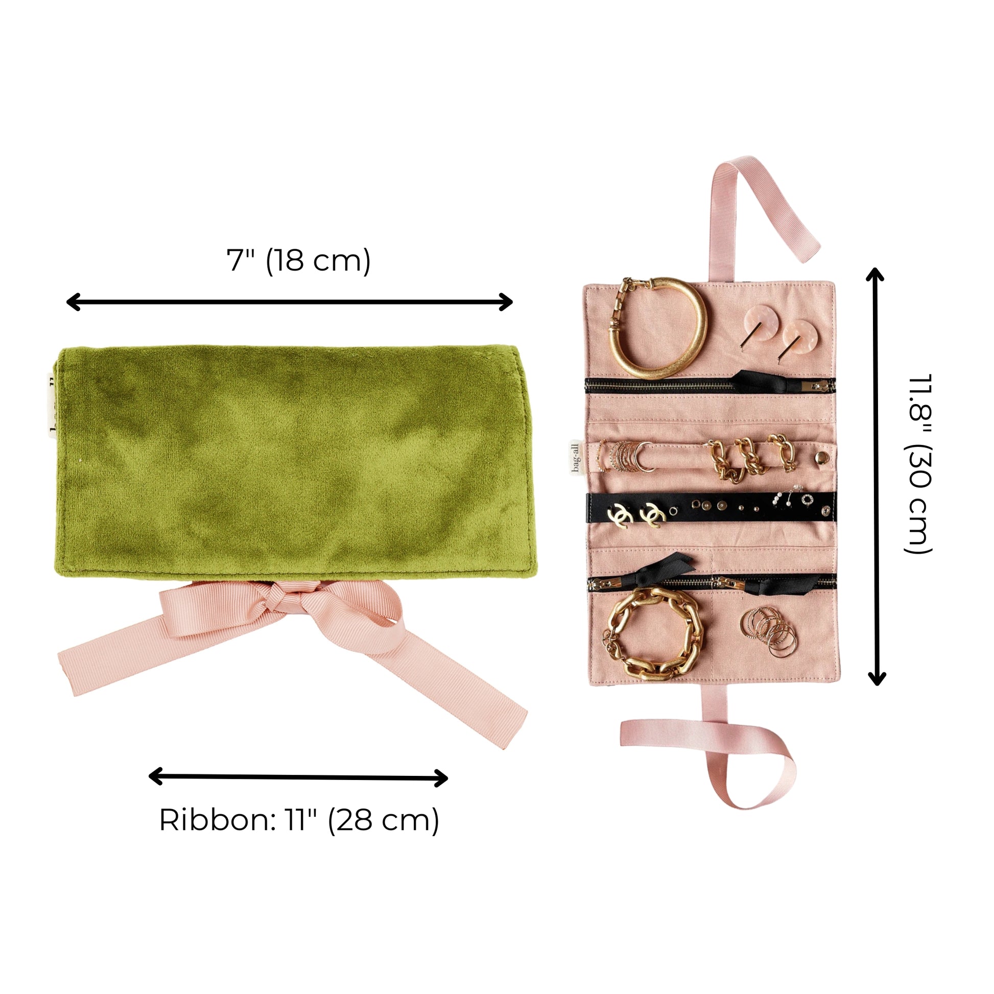 Bag-all Couture Jewelry Roll in green velvet with pink ribbon ties, featuring multiple compartments and measurements of 7 inches when closed and 18 inches when open