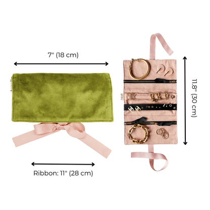 Bag-all Couture Jewelry Roll in green velvet with pink ribbon ties, featuring multiple compartments and measurements of 7 inches when closed and 18 inches when open