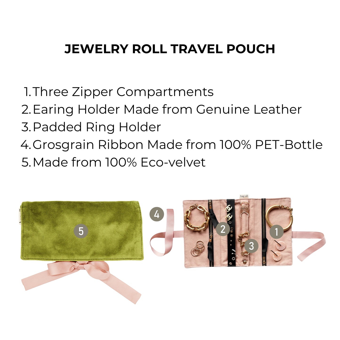 Bag-all Couture Jewelry Roll Medium in luxurious green eco-velvet with three zipper compartments, leather earring holder and padded ring section for elegant jewelry organization and travel