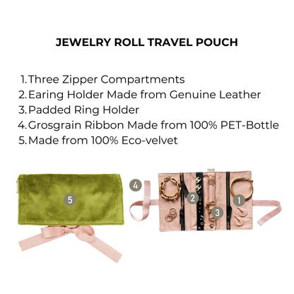 Bag-all Couture Jewelry Roll Medium in luxurious green eco-velvet with three zipper compartments, leather earring holder and padded ring section for elegant jewelry organization and travel