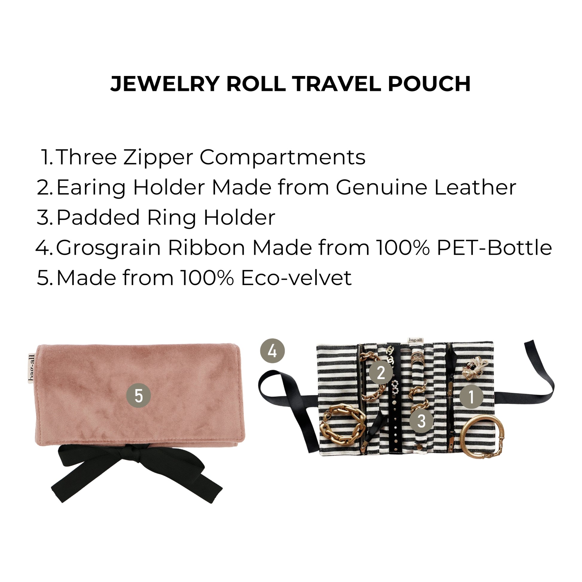 Bag-all Couture Jewelry Roll Medium in pink eco-velvet features three zippered compartments, leather earring holder, padded ring storage, and striped interior for elegant jewelry organization