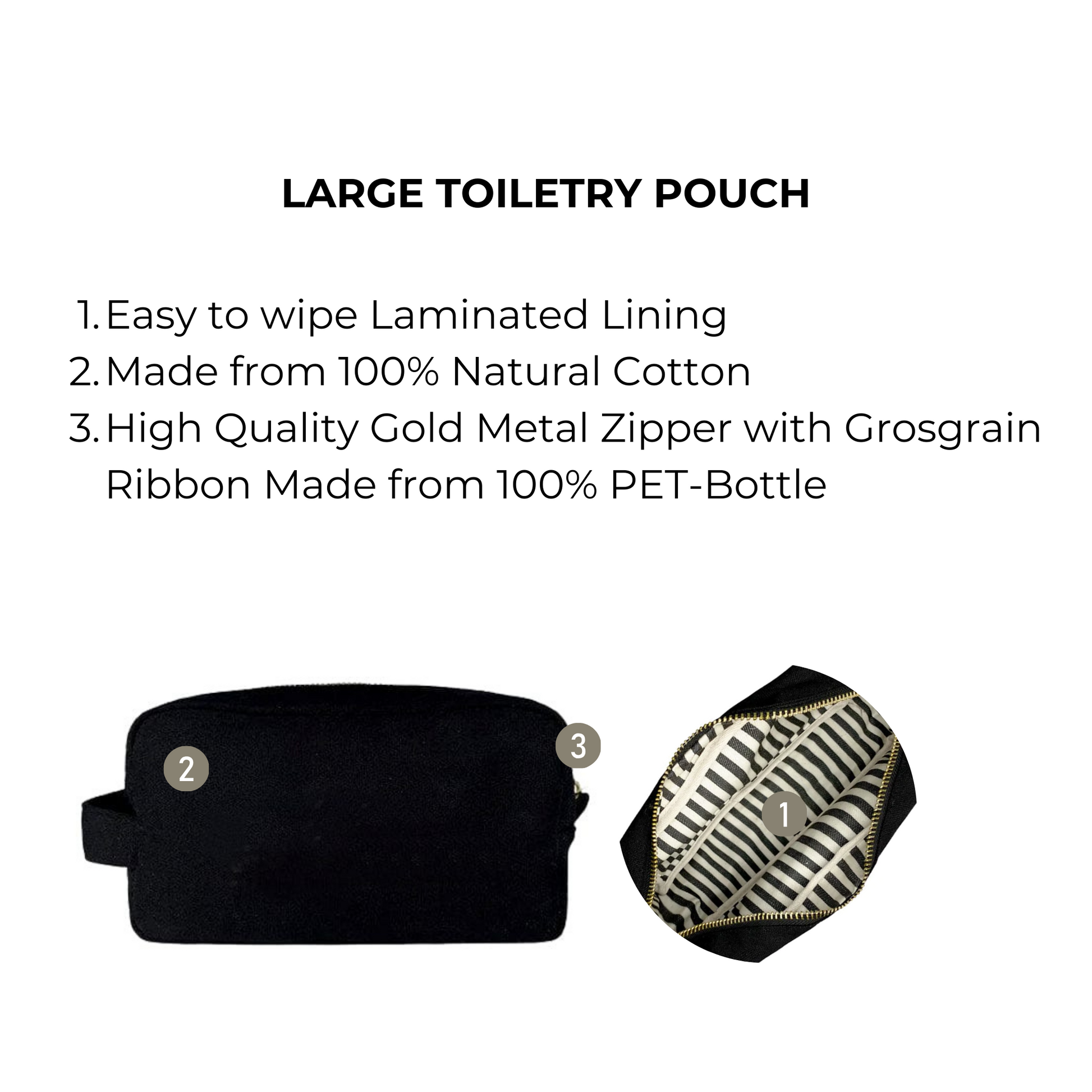 Bag-all Large Black Toiletry Pouch with laminated interior, natural cotton exterior, and gold metal zipper. Features sustainable PET ribbon and easy-clean design for travel organization.