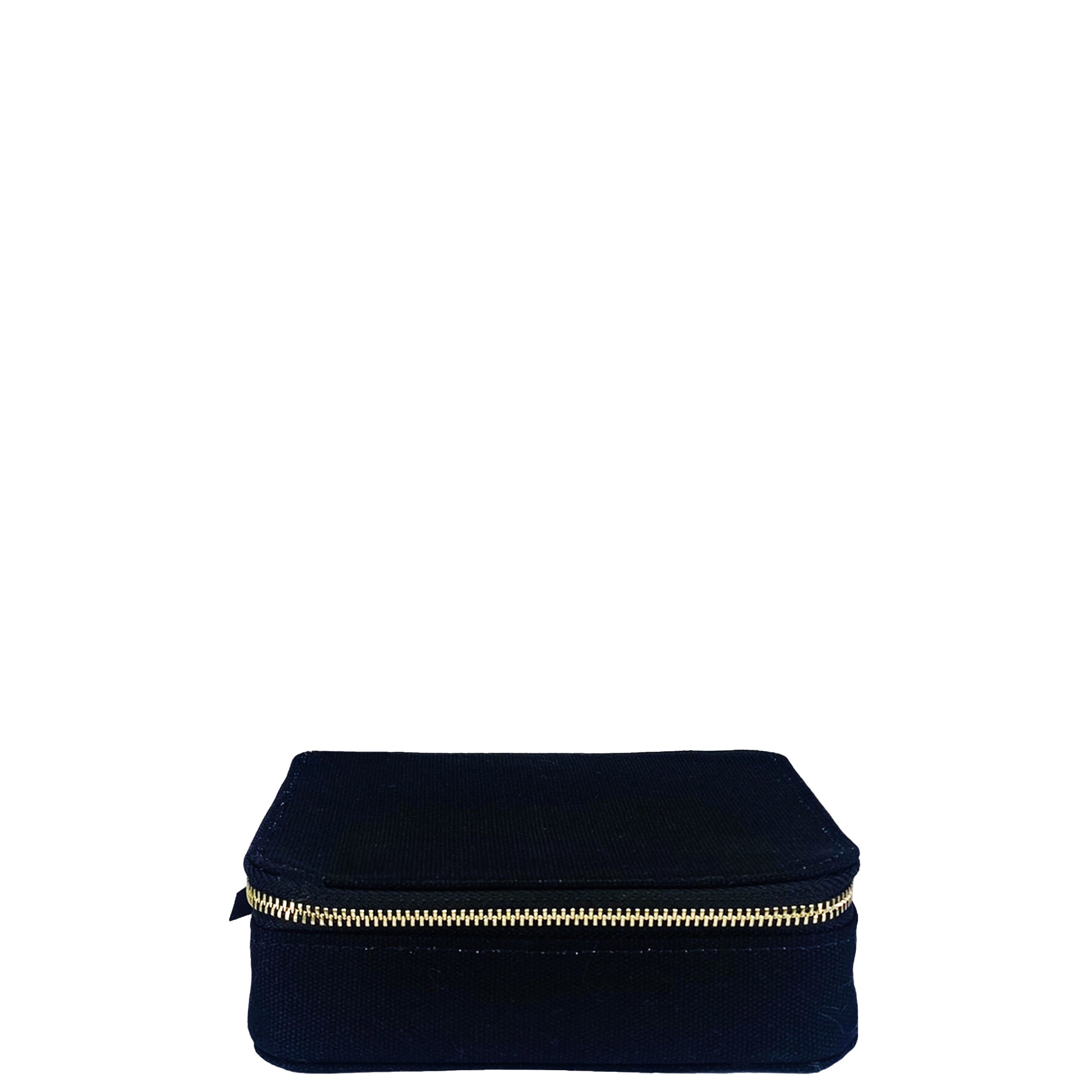 Bag-all Black Cosmetics/Trinket Box with gold zipper - stylish storage organizer for makeup and accessories, featuring striped interior lining