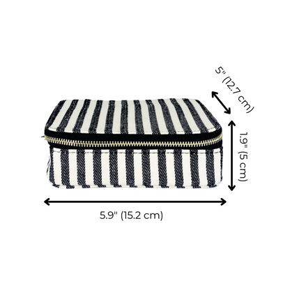 Bag-all Large Pill Travel Case featuring black and white striped cotton pattern, zippered compartments, built-in daily organizer, measuring 5.9x1.9x5 inches for convenient medication storage