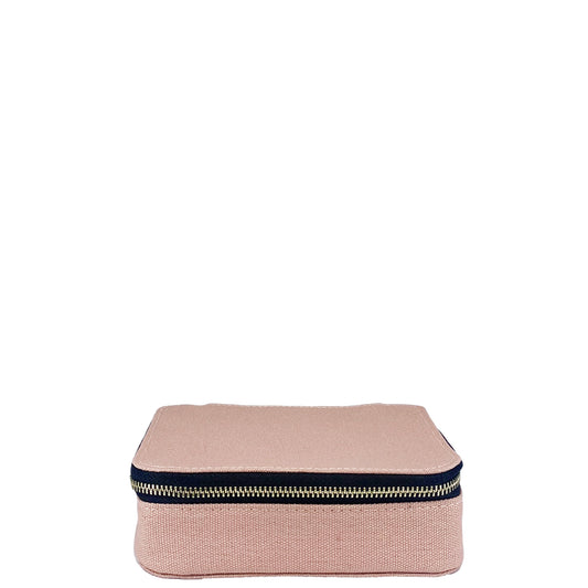 Bag-all pink cosmetics trinket box with gold zipper - stylish storage organizer for makeup and accessories, featuring striped interior lining