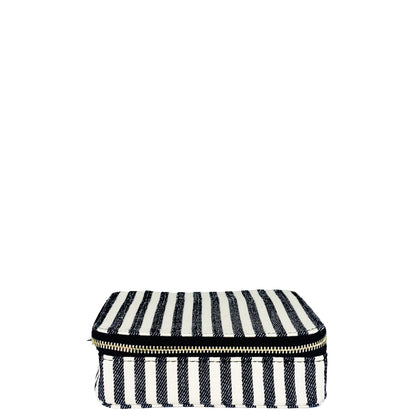 Bag-all Large Pill Travel Case with Individual Daily Pill Organizer featuring black and white striped cotton design, secure zipper closure, compact size for medication storage