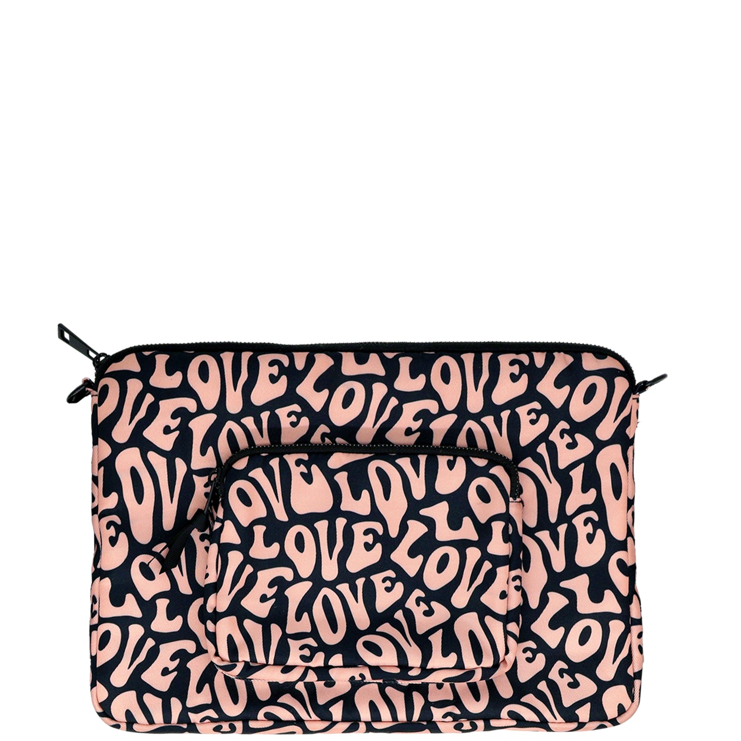 Bag-all 13" Laptop Case with Love Pattern - Pink and black recycled PET protective sleeve with charger pocket, zipper closure and grosgrain pull for 11-13" devices