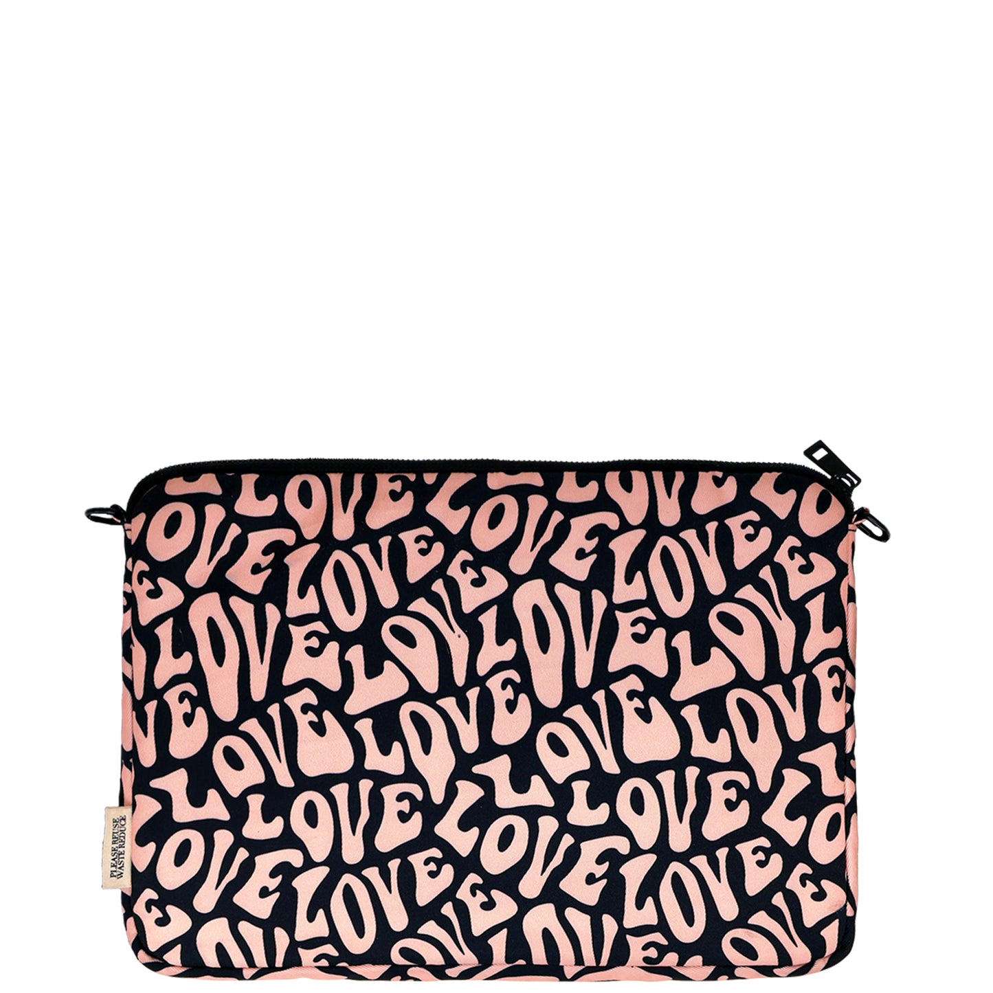 Bag-all 13" Laptop Case with Love Pattern in pink and black, featuring padded protection, charger pocket, and eco-friendly recycled PET material with stylish grosgrain zipper pull