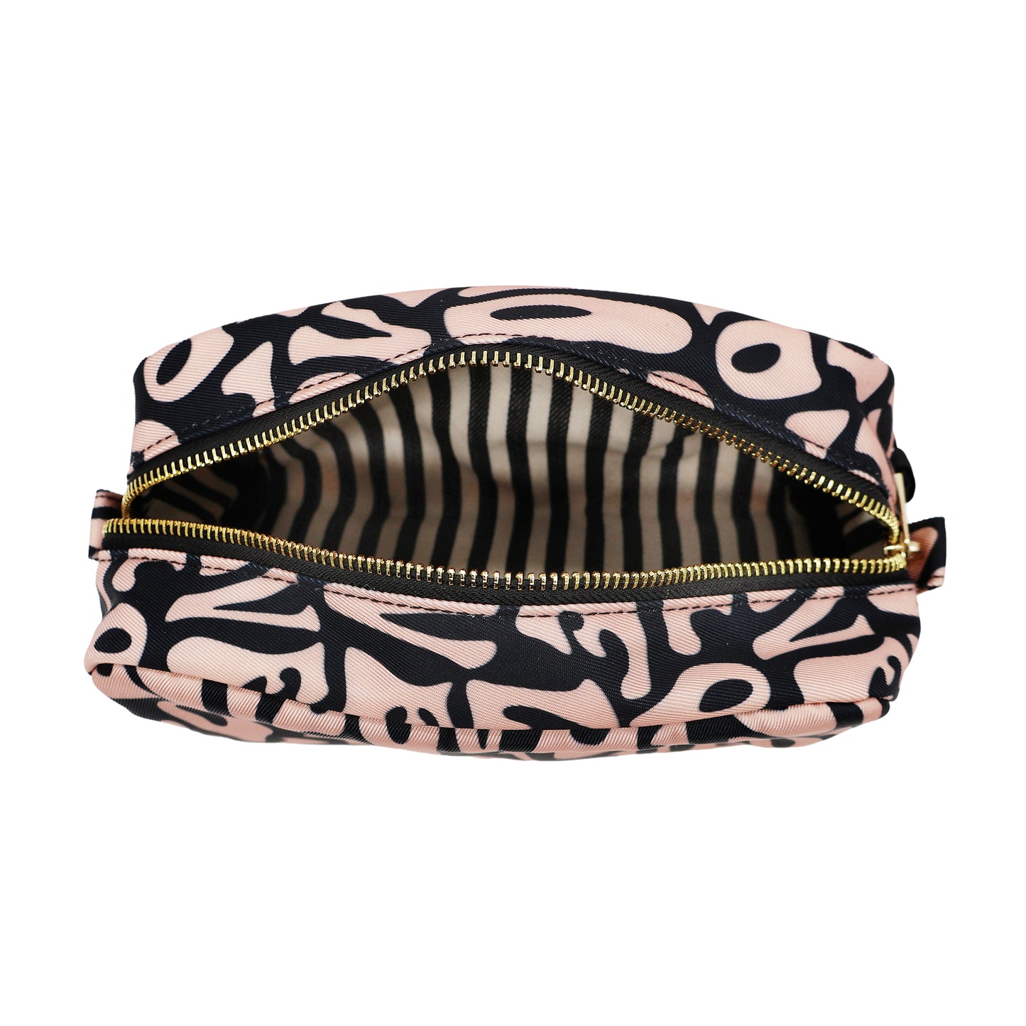 Top view of toiletry pouch with love pattern and striped inner lining, spacious for beauty and travel essentials